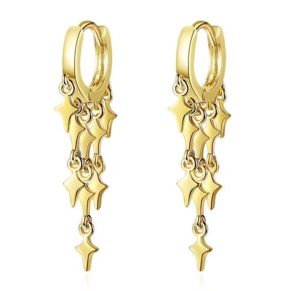 NWT Dangle Earrings Huggie Hoop Star Fringe Tassel 14K Gold Plated - Picture 1 of 10